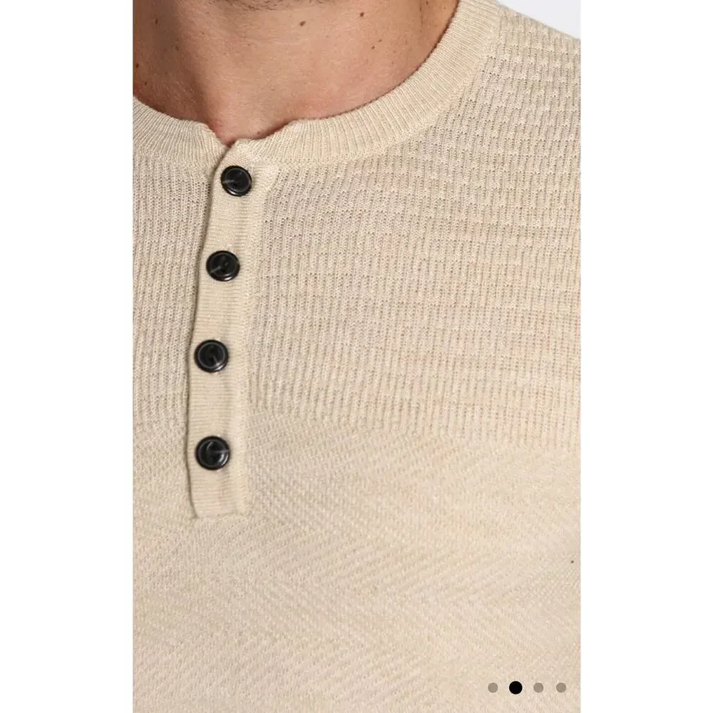 Jachs Men's Mixed Stitch Waffle‎ Sweater Henley XL Pattern Cream Long Sleeves